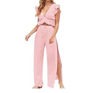 ELLE Rae 2 piece wide leg cropped ruffle top set | pink | size S